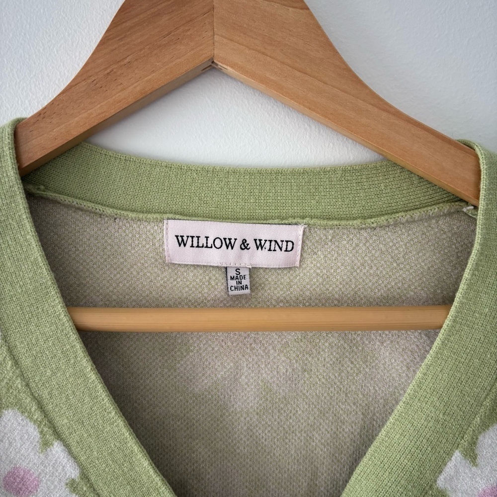 Willow & Wind Cropped Daisy Green Buttoned V-Neck Floral Retro MCM Cardigan S - Picture 5 of 7